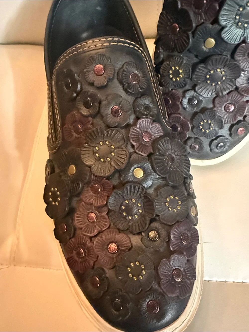 Coach Black Leather Slip-On Loafers with Floral Appliqués